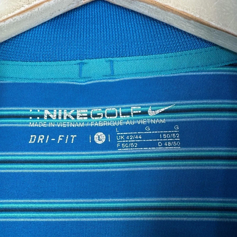 Nike Golf Polo Shirt Mens Large Blue‎ Striped Dri-FIT Stretch Performance Swoosh